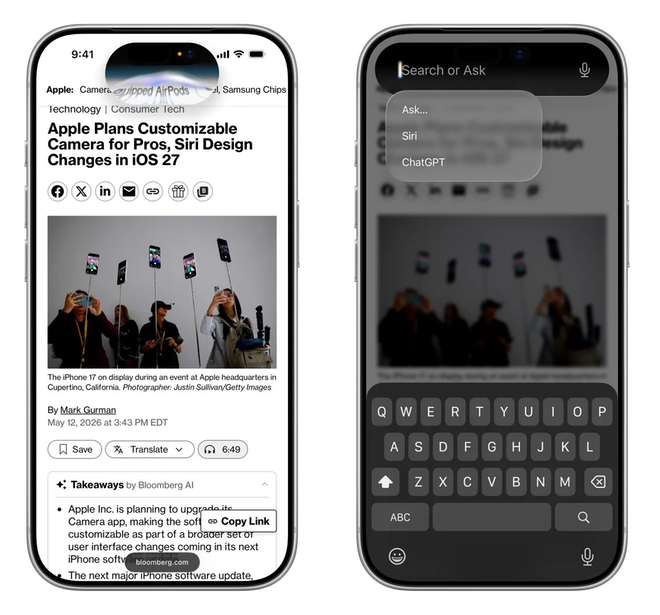 Bloomberg Mark Gurman iOS 27 article showing Apple plans for customizable Camera app Siri design changes with ChatGPT Siri selection interface