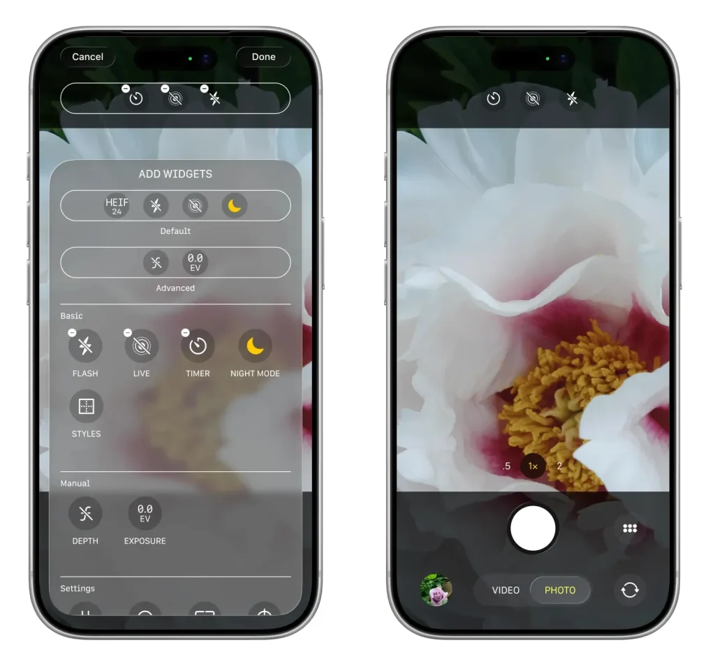 iOS 27 Pro Camera App showing customizable widget controls including flash, timer, night mode, depth, and exposure settings
