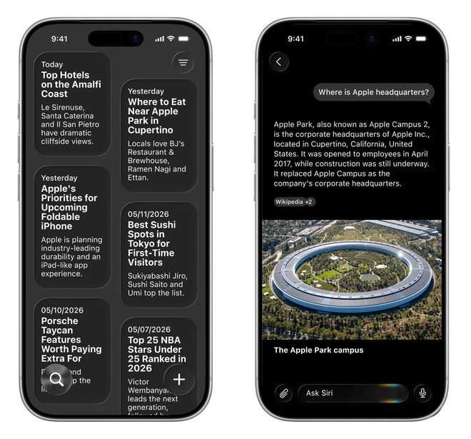 iOS 27 Siri app showing conversation history with rich information cards and Ask Siri interface for AI-powered responses
