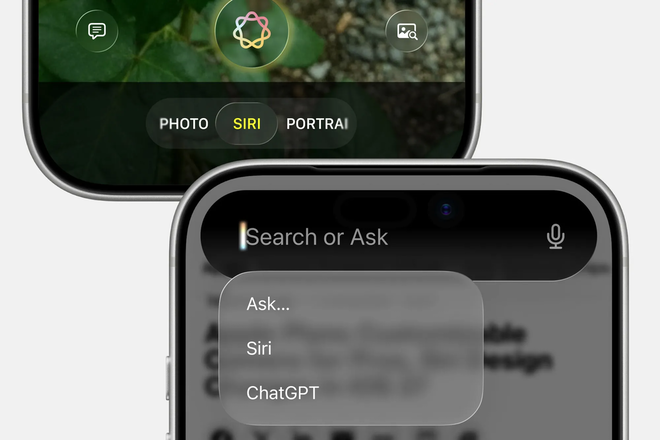 iOS 27 Search or Ask interface with Siri ChatGPT camera SIRI mode showing AI assistant selection
