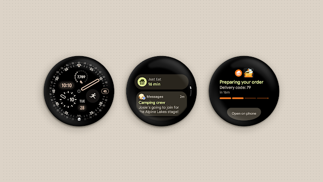 Wear OS 7 watch face showing Live Updates with Just Eat delivery tracking and message notifications on Pixel Watch